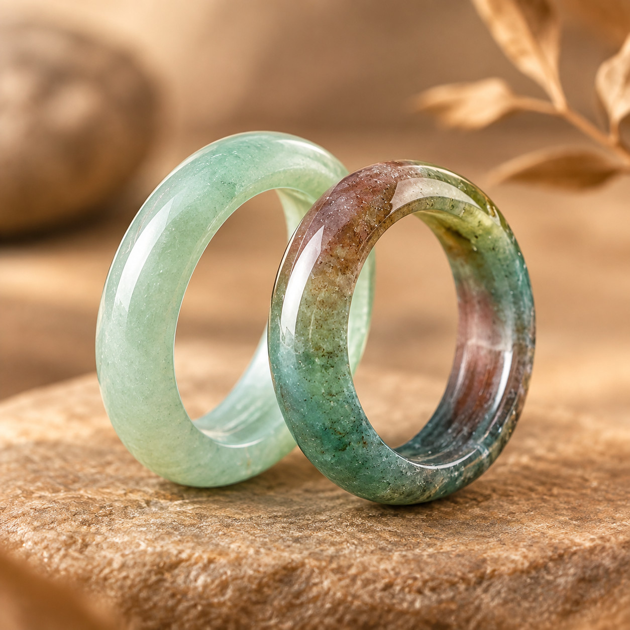 2pc Green Aventurine & Multi-Colour Agate Stackable Ring Set